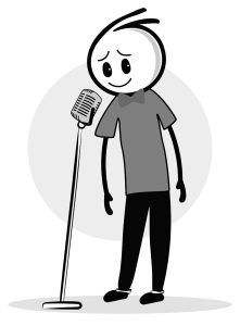 Doodle de um locutor humano em frente a um microfone de voz-off, algo que não acontece com Inteligência Artificial