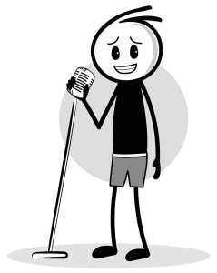 Imagem de um locutor de voz-off português dentro do estúdio, agarrado ao microfone.
