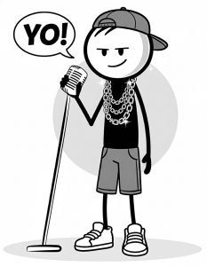 Doodle de um locutor de português ibérico junto ao microfone de voz off