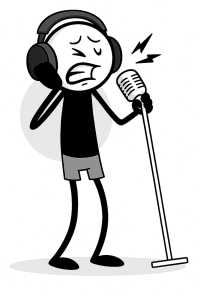 Imagem de um dos locutores de Portugal junto a um microfone de condensador mas com dor de dentes